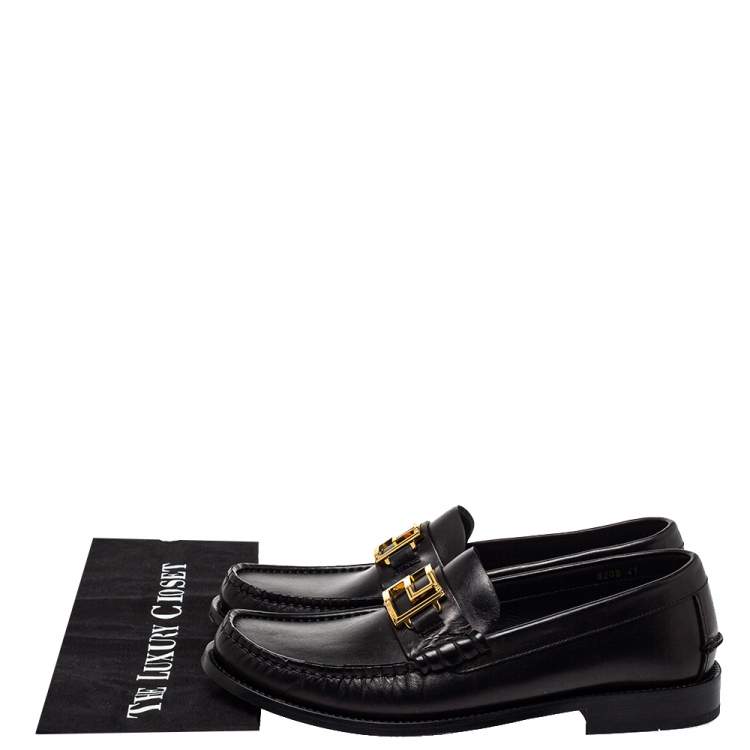 Pre Owned Versace Black Leather Metal Logo Slip On Loafers Size 41
