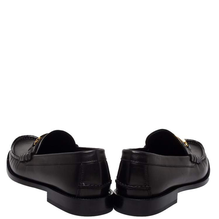 Pre Owned Versace Black Leather Metal Logo Slip On Loafers Size 41