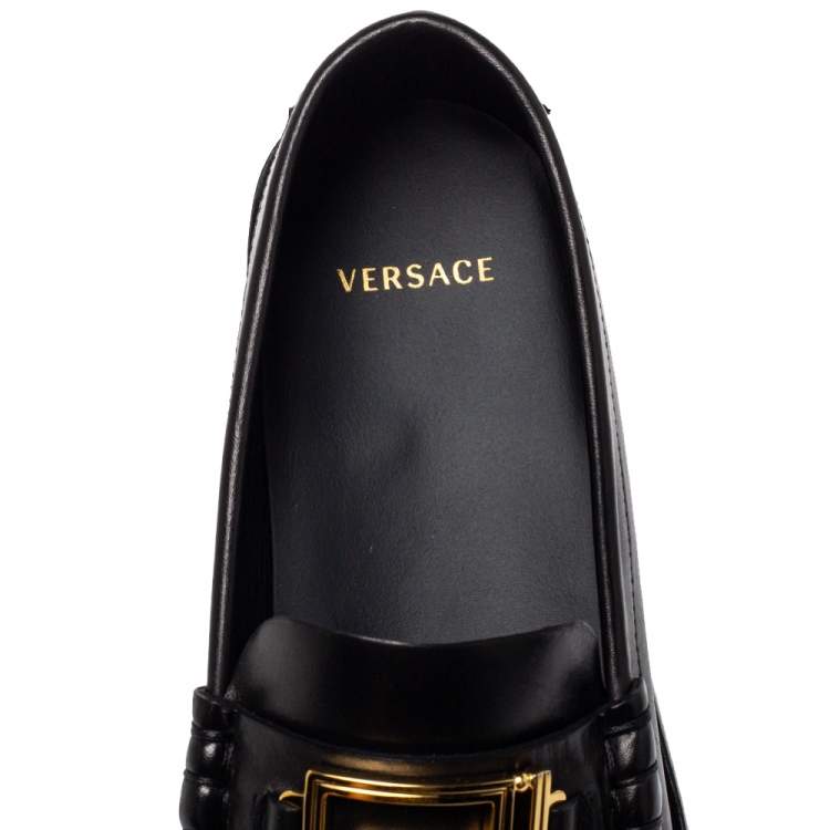 Pre Owned Versace Black Leather Metal Logo Slip On Loafers Size 41