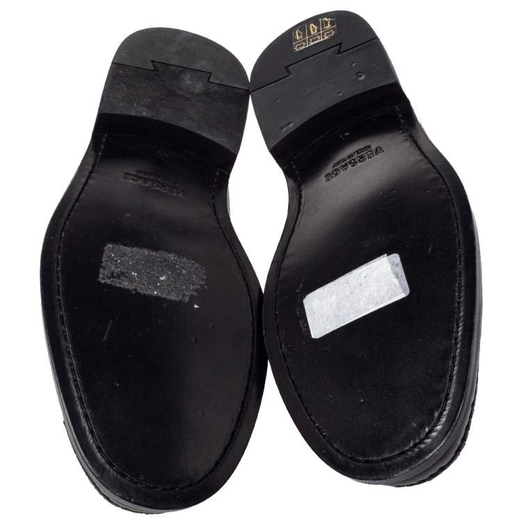 Pre Owned Versace Black Leather Metal Logo Slip On Loafers Size 41