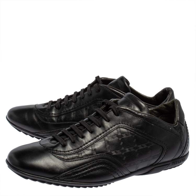 Pre Owned Versace Black Leather Logo Embossed Low Top Sneakers Size 40