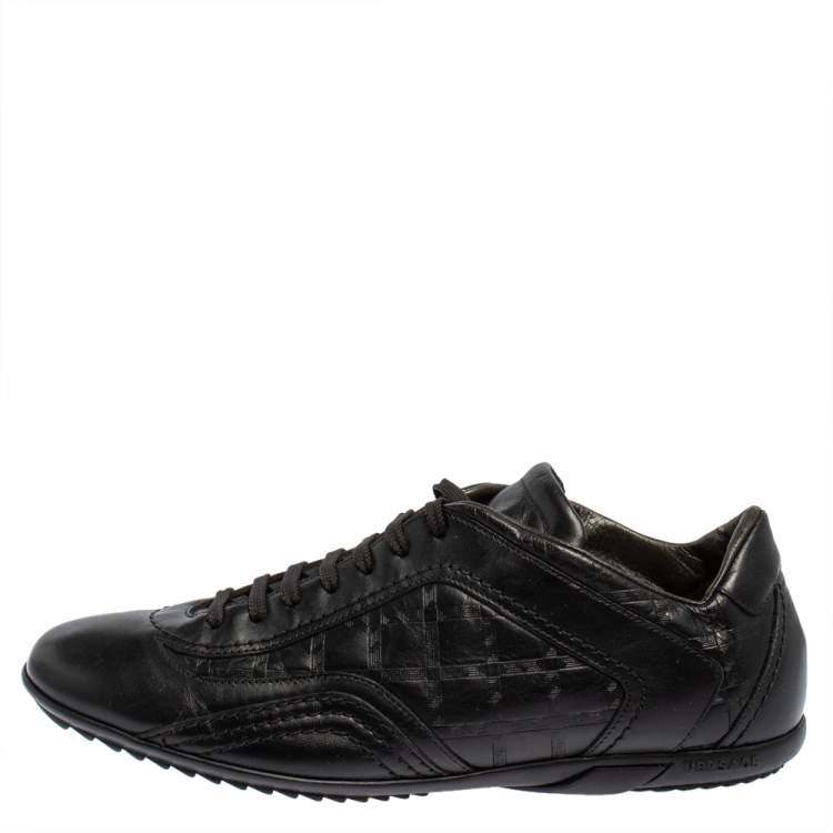Pre Owned Versace Black Leather Logo Embossed Low Top Sneakers Size 40