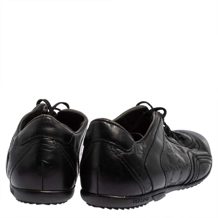 Pre Owned Versace Black Leather Logo Embossed Low Top Sneakers Size 40