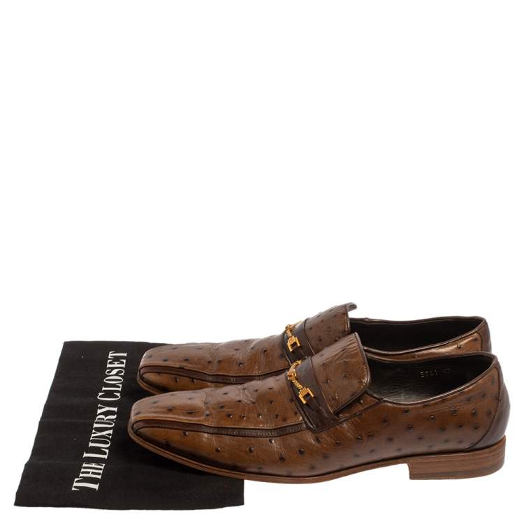 Pre Owned Versace Brown Ostrich  Leather Medusa Chain Detail Loafers Size 43