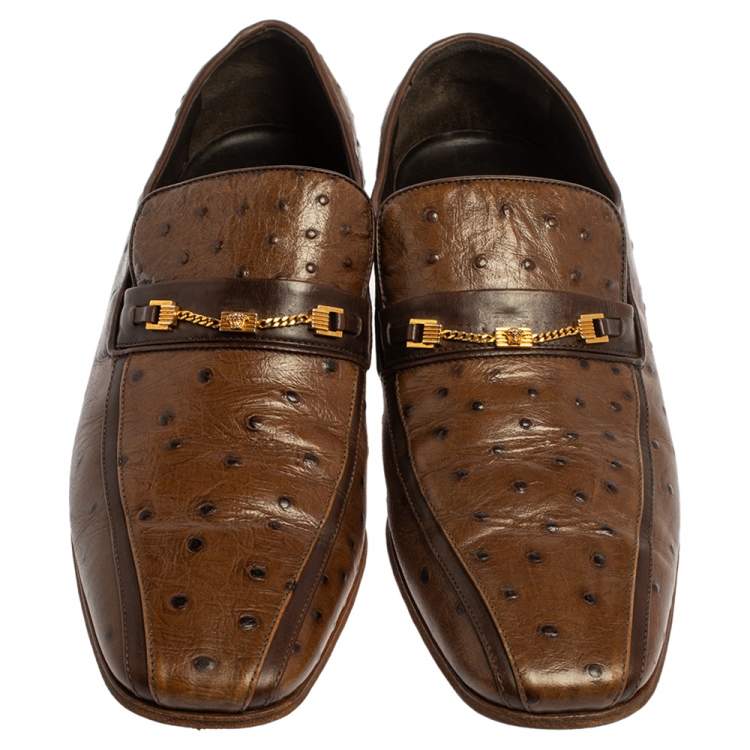 Pre Owned Versace Brown Ostrich  Leather Medusa Chain Detail Loafers Size 43