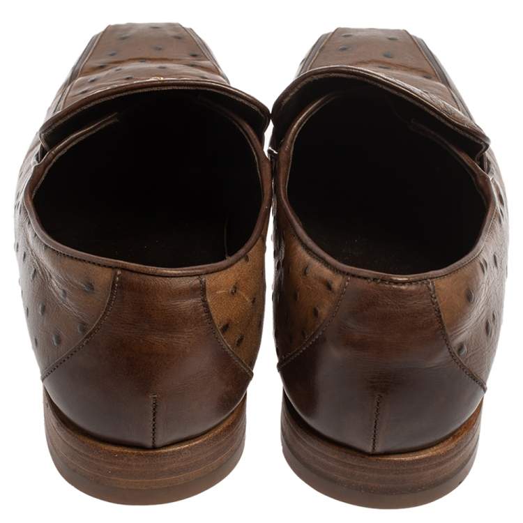 Pre Owned Versace Brown Ostrich  Leather Medusa Chain Detail Loafers Size 43