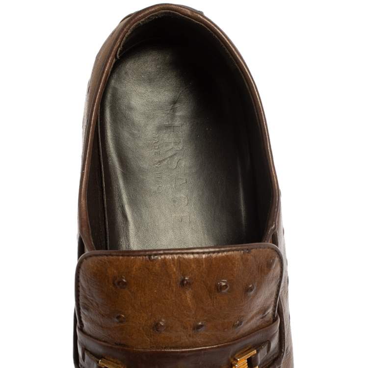 Pre Owned Versace Brown Ostrich  Leather Medusa Chain Detail Loafers Size 43