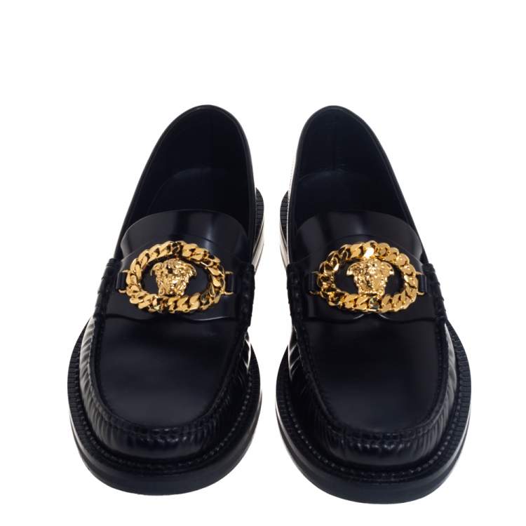 Pre Owned Versace Black Leather Medusa Chain Loafers Size 42.5
