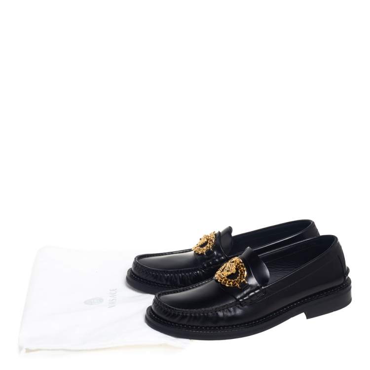 Pre Owned Versace Black Leather Medusa Chain Loafers Size 42.5