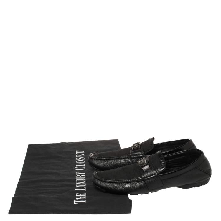 Pre Owned Versace Black Leather Medusa Embellished Slip On Loafers 43