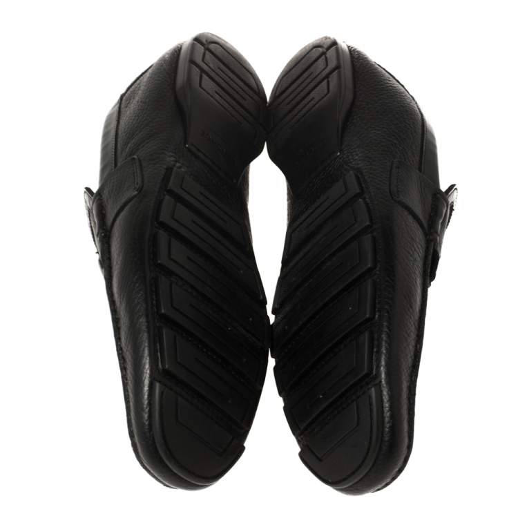Pre Owned Versace Black Leather Medusa Embellished Slip On Loafers 43