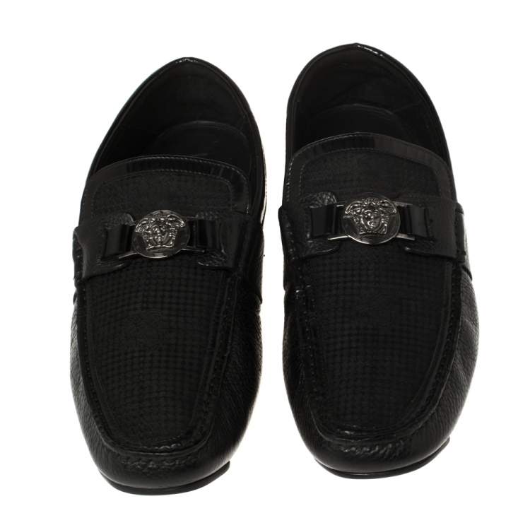 Pre Owned Versace Black Leather Medusa Embellished Slip On Loafers 43