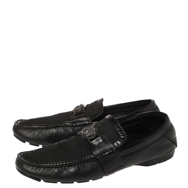 Pre Owned Versace Black Leather Medusa Embellished Slip On Loafers 43