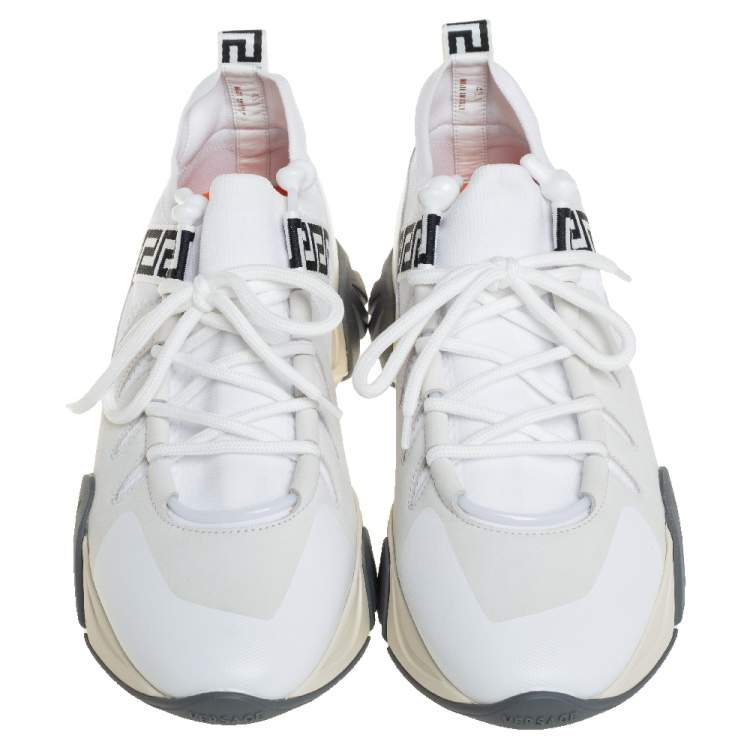 Pre Owned Versace White Nubuck Leather And Knit Fabric Squalo Low Top Sneakers Size 43.5