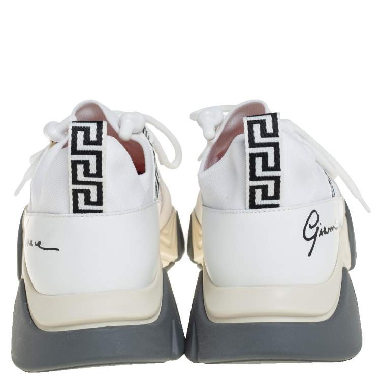 Pre Owned Versace White Nubuck Leather And Knit Fabric Squalo Low Top Sneakers Size 43.5