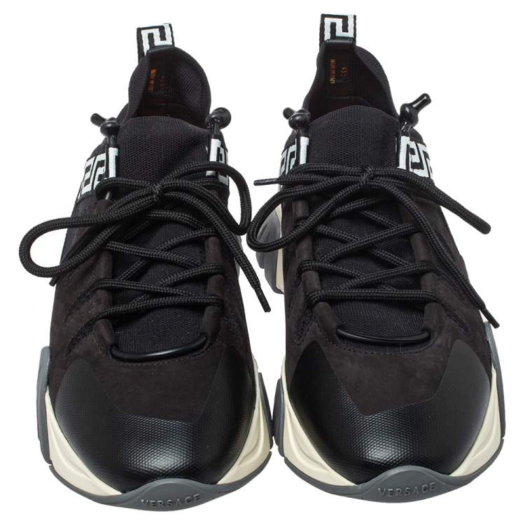 Pre Owned Versace Black Nubuck Leather And Knit Fabric Squalo Low Top Sneakers Size 43.5