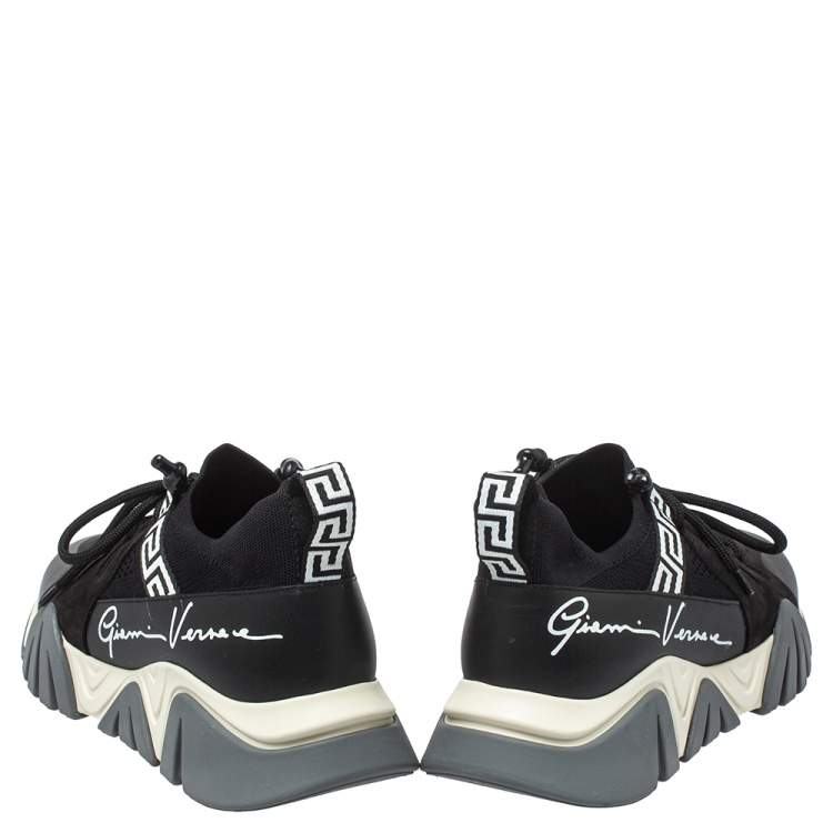 Pre Owned Versace Black Nubuck Leather And Knit Fabric Squalo Low Top Sneakers Size 43.5