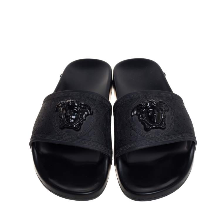 Pre Owned Versace Black Rubber Medusa Flat Slides Size 41