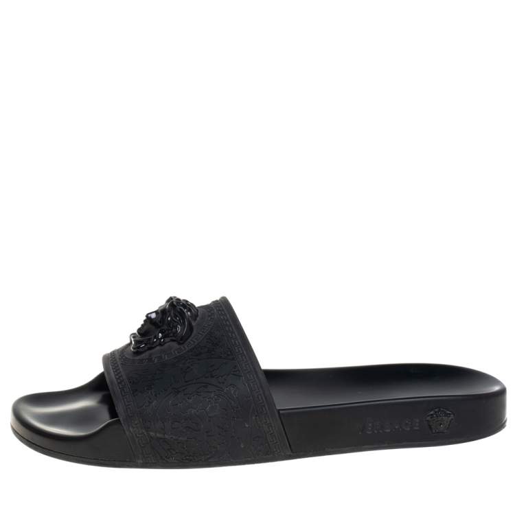 Pre Owned Versace Black Rubber Medusa Flat Slides Size 41