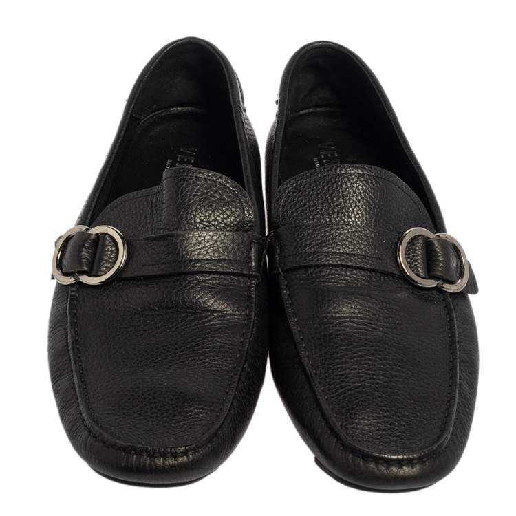Pre Owned Versace Black Leather Slip On  Loafers Size 43.5