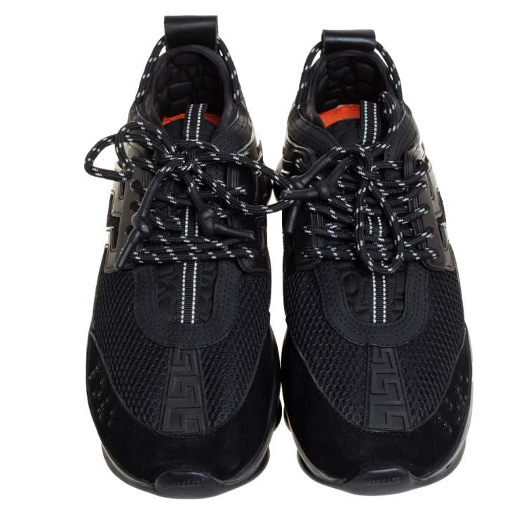 Pre Owned Versace Black Mesh And Leather Chain Reaction Sneakers Size 45