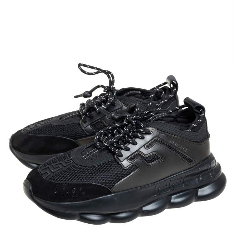 Pre Owned Versace Black Mesh And Leather Chain Reaction Sneakers Size 45