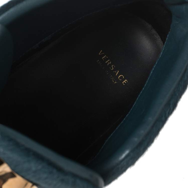 Pre Owned Versace Blue Calf Hair Medusa Embellished High Top Sneakers Size 40