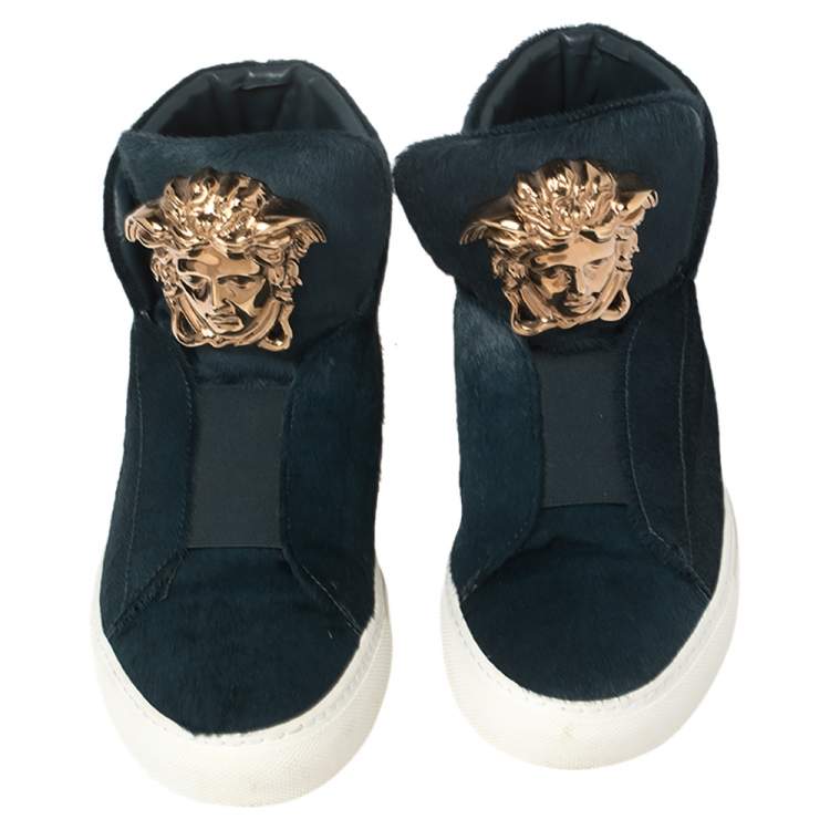 Pre Owned Versace Blue Calf Hair Medusa Embellished High Top Sneakers Size 40