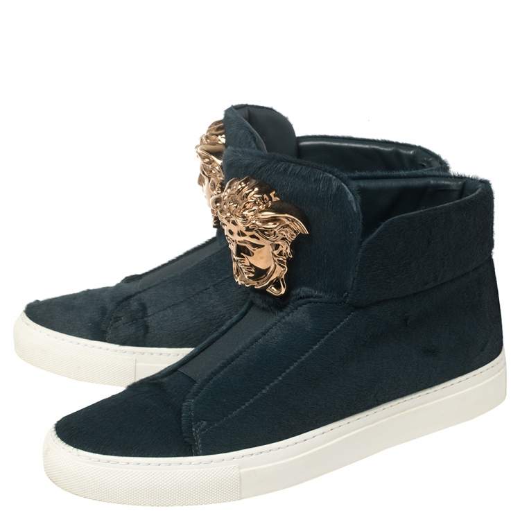 Pre Owned Versace Blue Calf Hair Medusa Embellished High Top Sneakers Size 40