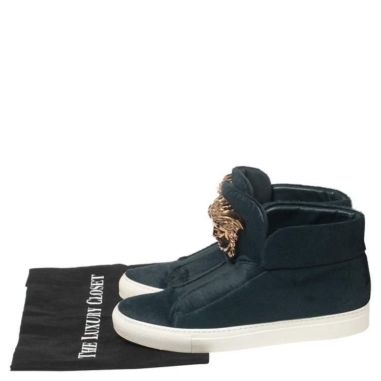 Pre Owned Versace Blue Calf Hair Medusa Embellished High Top Sneakers Size 40