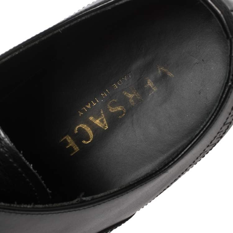 Pre Owned Versace Black Leather Medusa Heel Lace Up Oxfords Size 42