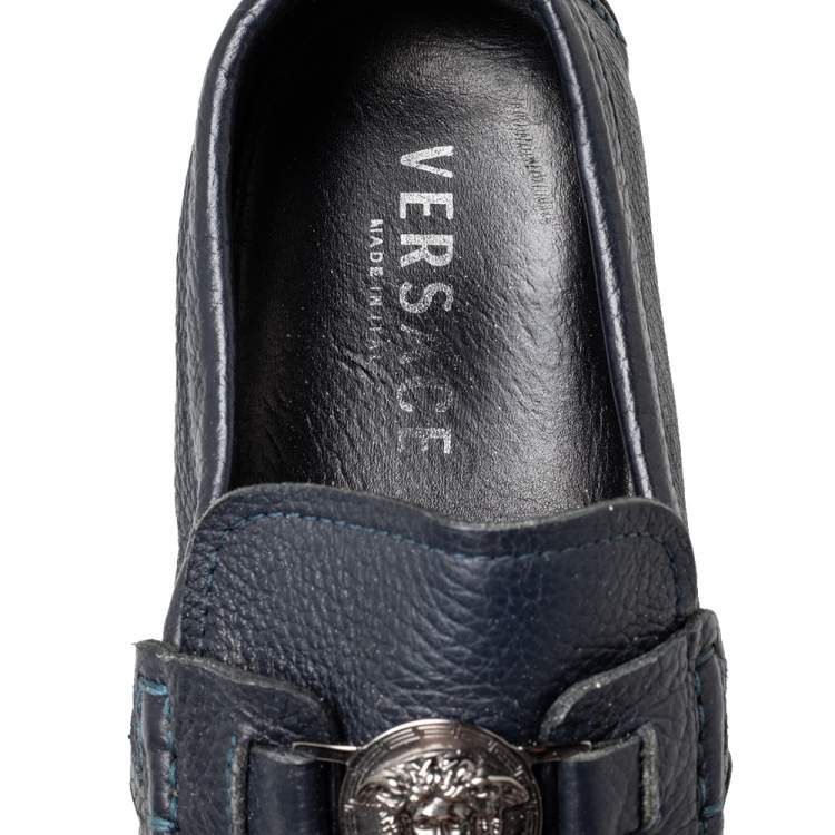 Pre Owned Versace Blue Leather Medusa Slip on Loafers Size 42