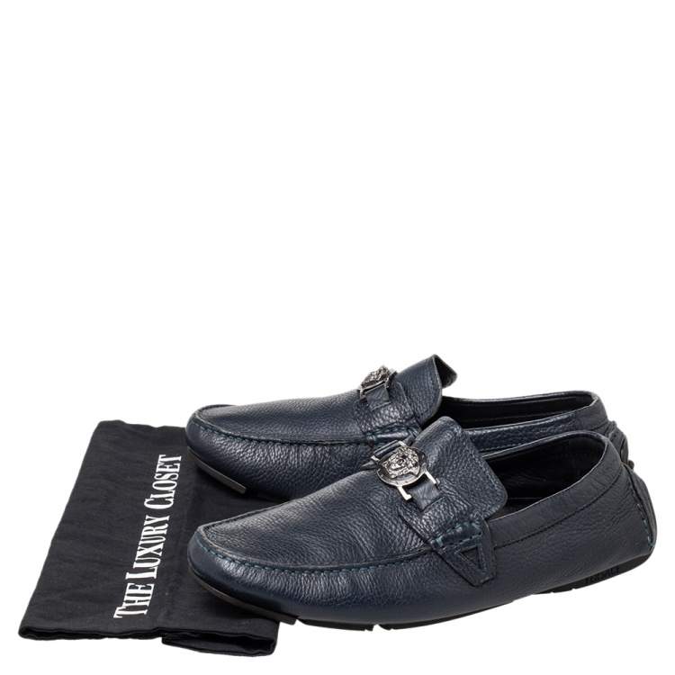 Pre Owned Versace Blue Leather Medusa Slip on Loafers Size 42