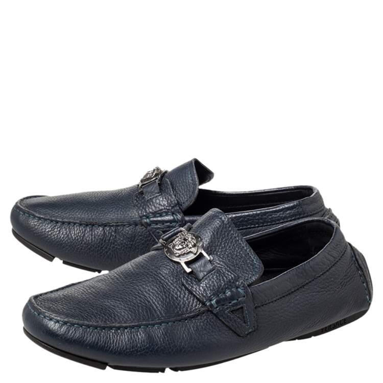 Pre Owned Versace Blue Leather Medusa Slip on Loafers Size 42