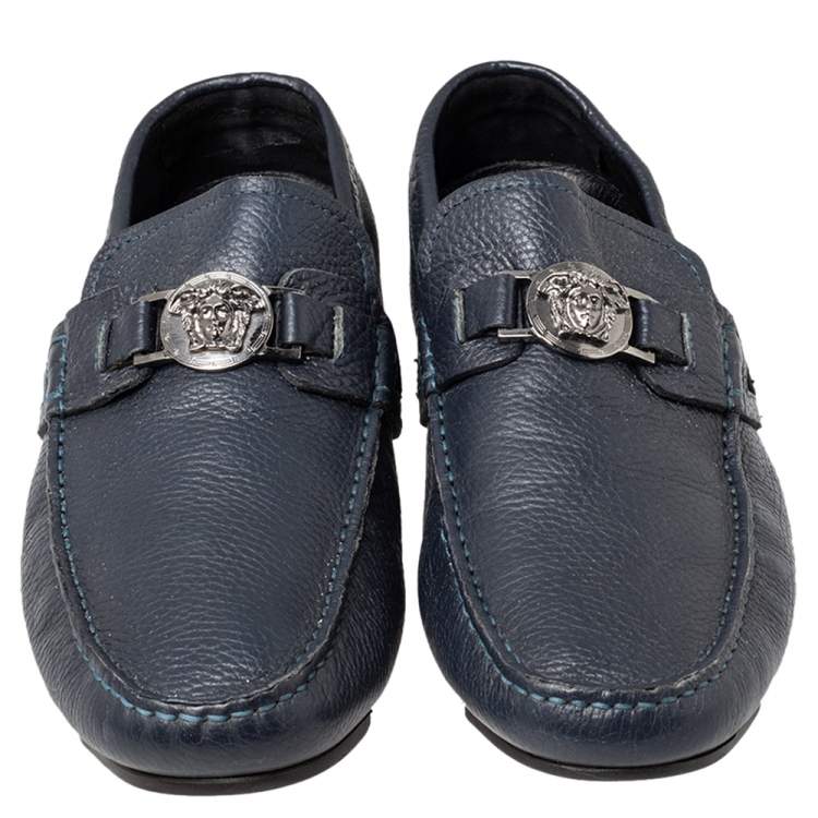 Pre Owned Versace Blue Leather Medusa Slip on Loafers Size 42