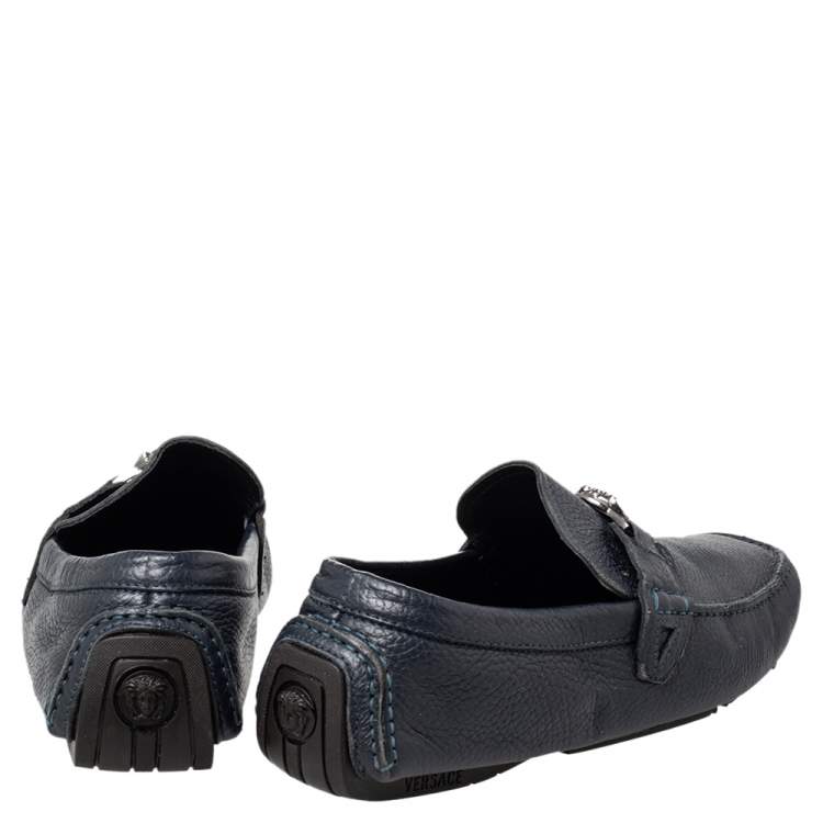 Pre Owned Versace Blue Leather Medusa Slip on Loafers Size 42