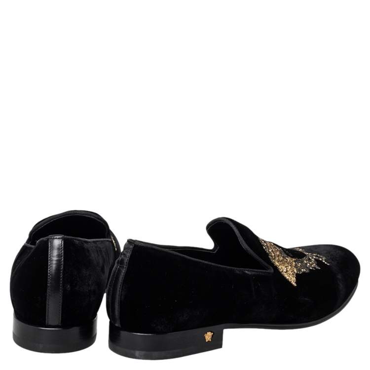 Pre Owned Versace Black Velvet Embroidered Medusa Smoking Slippers Size 43