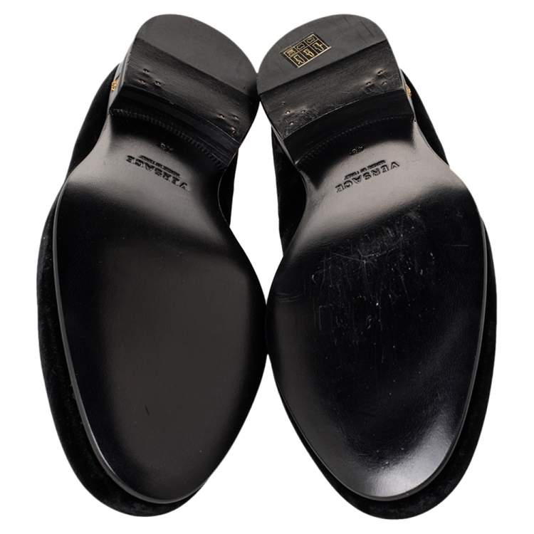 Pre Owned Versace Black Velvet Embroidered Medusa Smoking Slippers Size 43