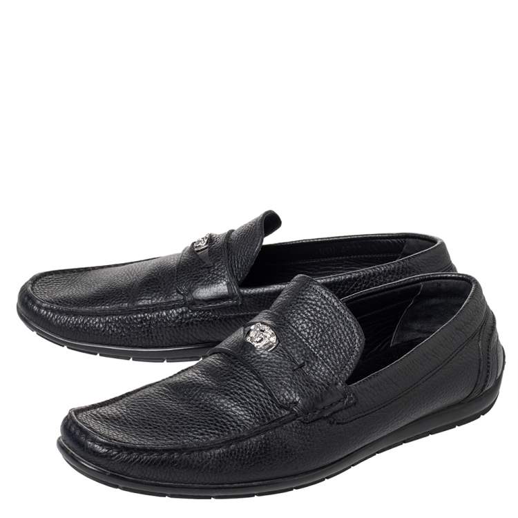 Pre Owned  Versace Black Leather Medusa Slip On Loafers Size 43