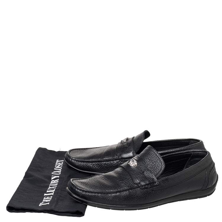 Pre Owned  Versace Black Leather Medusa Slip On Loafers Size 43