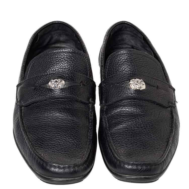 Pre Owned  Versace Black Leather Medusa Slip On Loafers Size 43