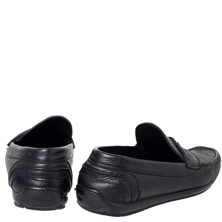 Pre Owned  Versace Black Leather Medusa Slip On Loafers Size 43