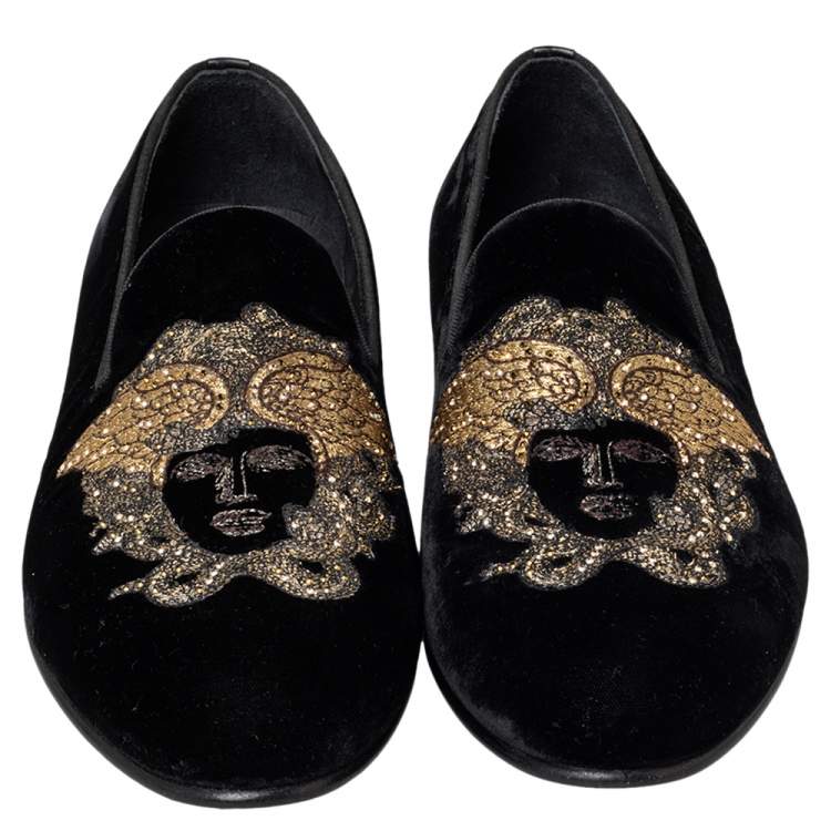 Pre Owned Versace Black Velvet Medusa Slip On Loafers Size 40