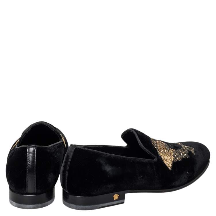 Pre Owned Versace Black Velvet Medusa Slip On Loafers Size 40