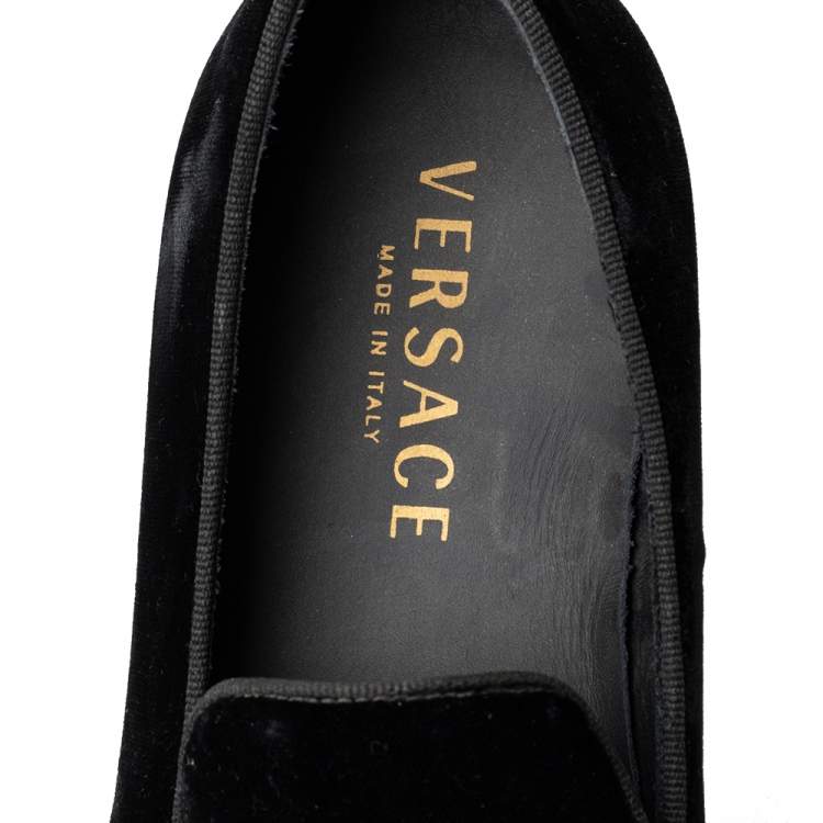 Pre Owned Versace Black Velvet Medusa Slip On Loafers Size 40