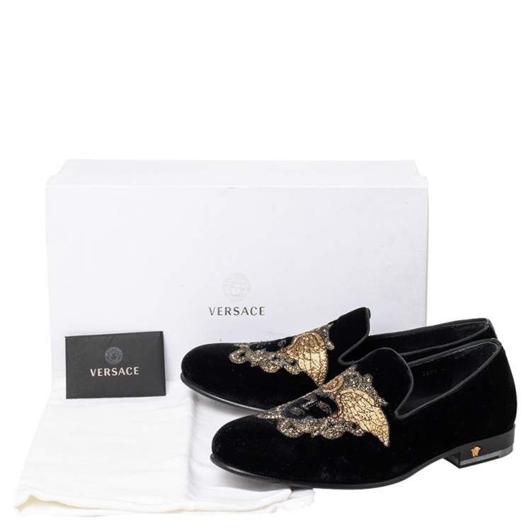 Pre Owned Versace Black Velvet Medusa Slip On Loafers Size 40