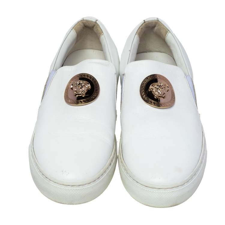 Pre Owned Versace White Leather Palazzo Medusa Slip-On Sneakers Size 39