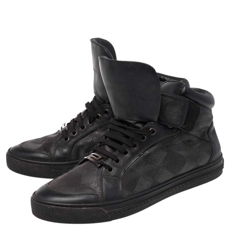 Pre Owned Versace Black Monogram Nylon and Leather Lace High Top Sneakers Size 41