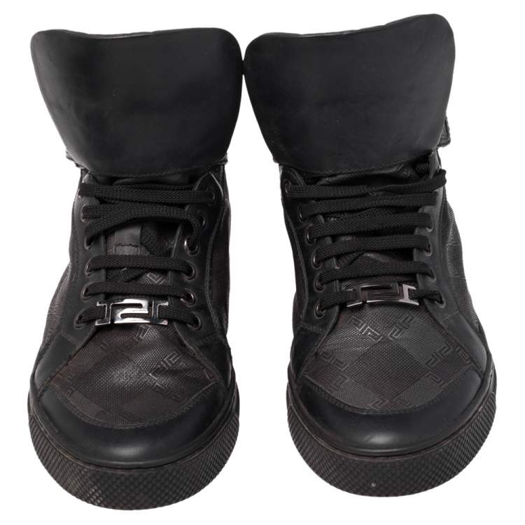 Pre Owned Versace Black Monogram Nylon and Leather Lace High Top Sneakers Size 41