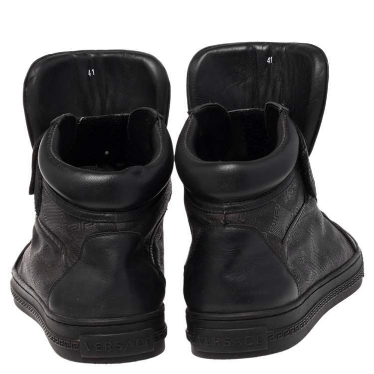 Pre Owned Versace Black Monogram Nylon and Leather Lace High Top Sneakers Size 41